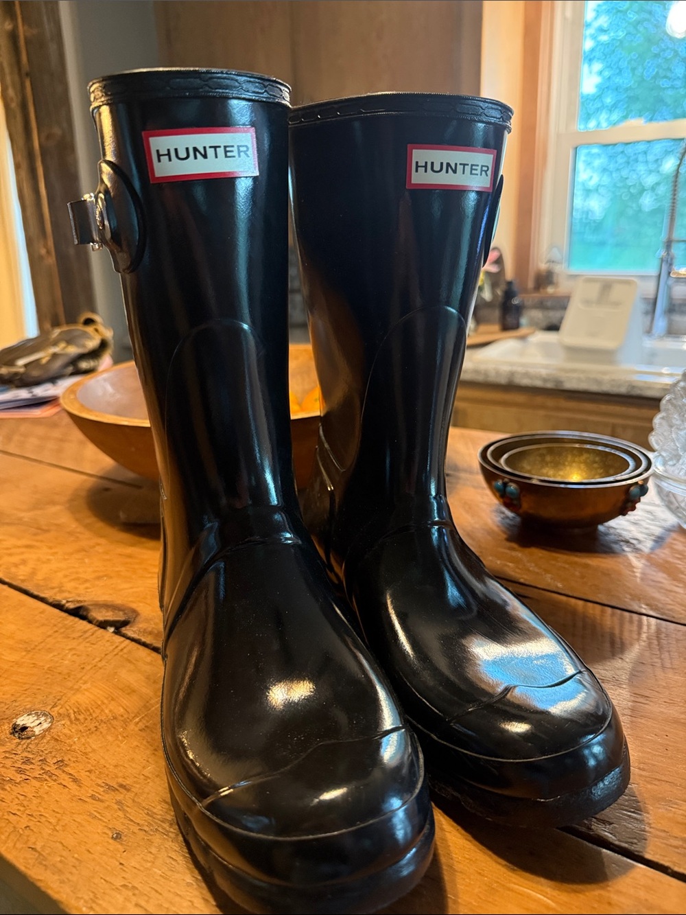 Hunter Black Gloss Rubber Rain Boots with Logo